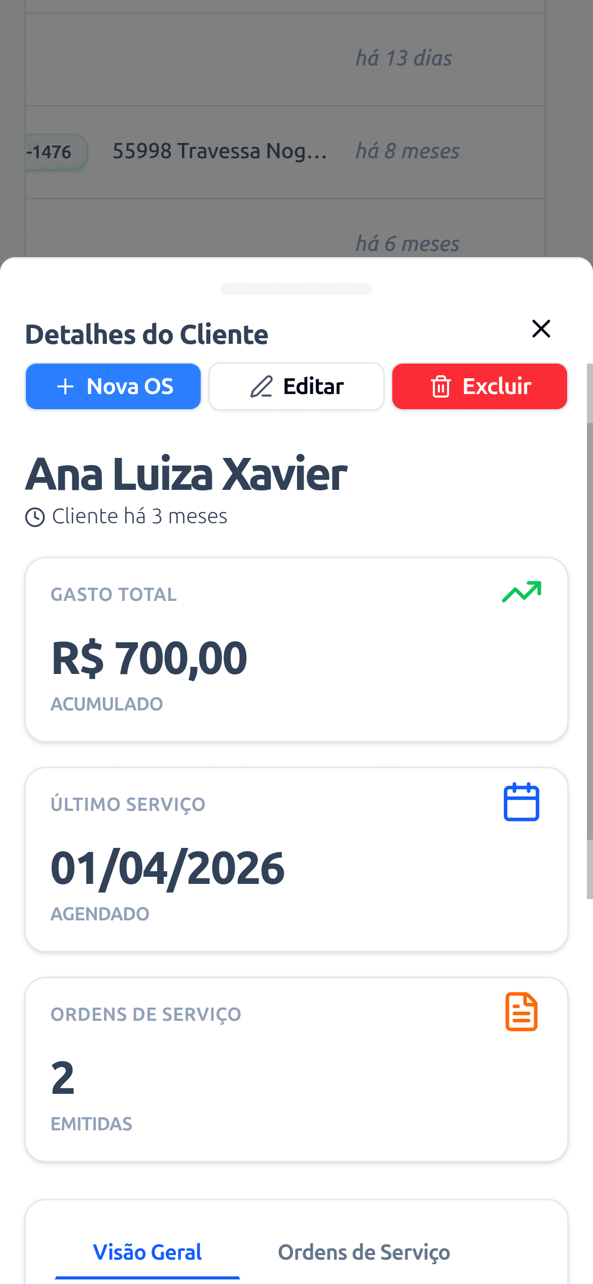 Detalhes do cliente no celular